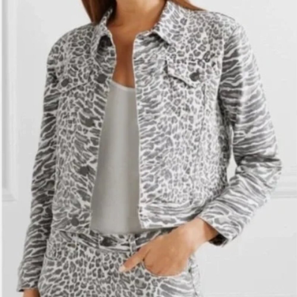 CURRENT ELLIOTT The Baby Trucker Leopard Print Denim Jacket